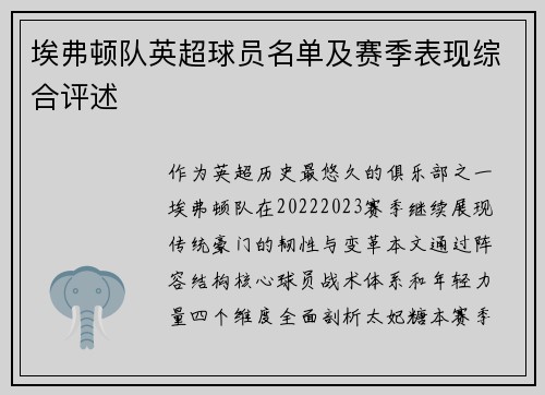 埃弗顿队英超球员名单及赛季表现综合评述